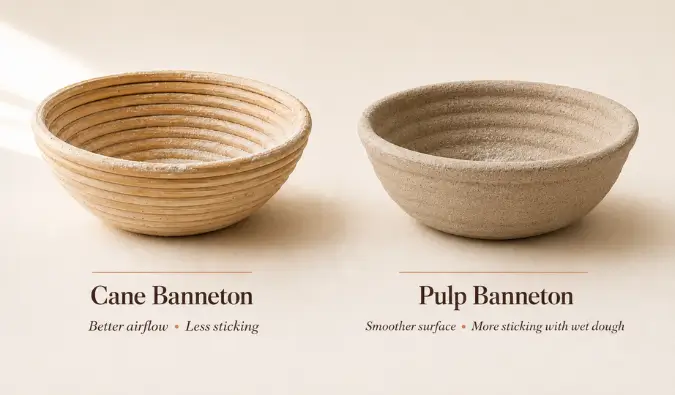 Dough sticks to the banneton more easily in pulp baskets than cane bannetons because of reduced airflow and smoother texture. 
