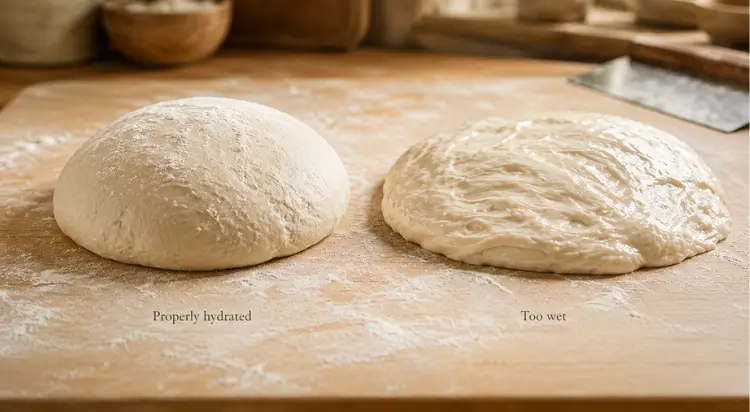 Side-by-side comparison of properly hydrated bread dough and dough too wet from excessive hydration on a floured wooden surface, showing how overhydrated dough spreads and loses structure more easily.