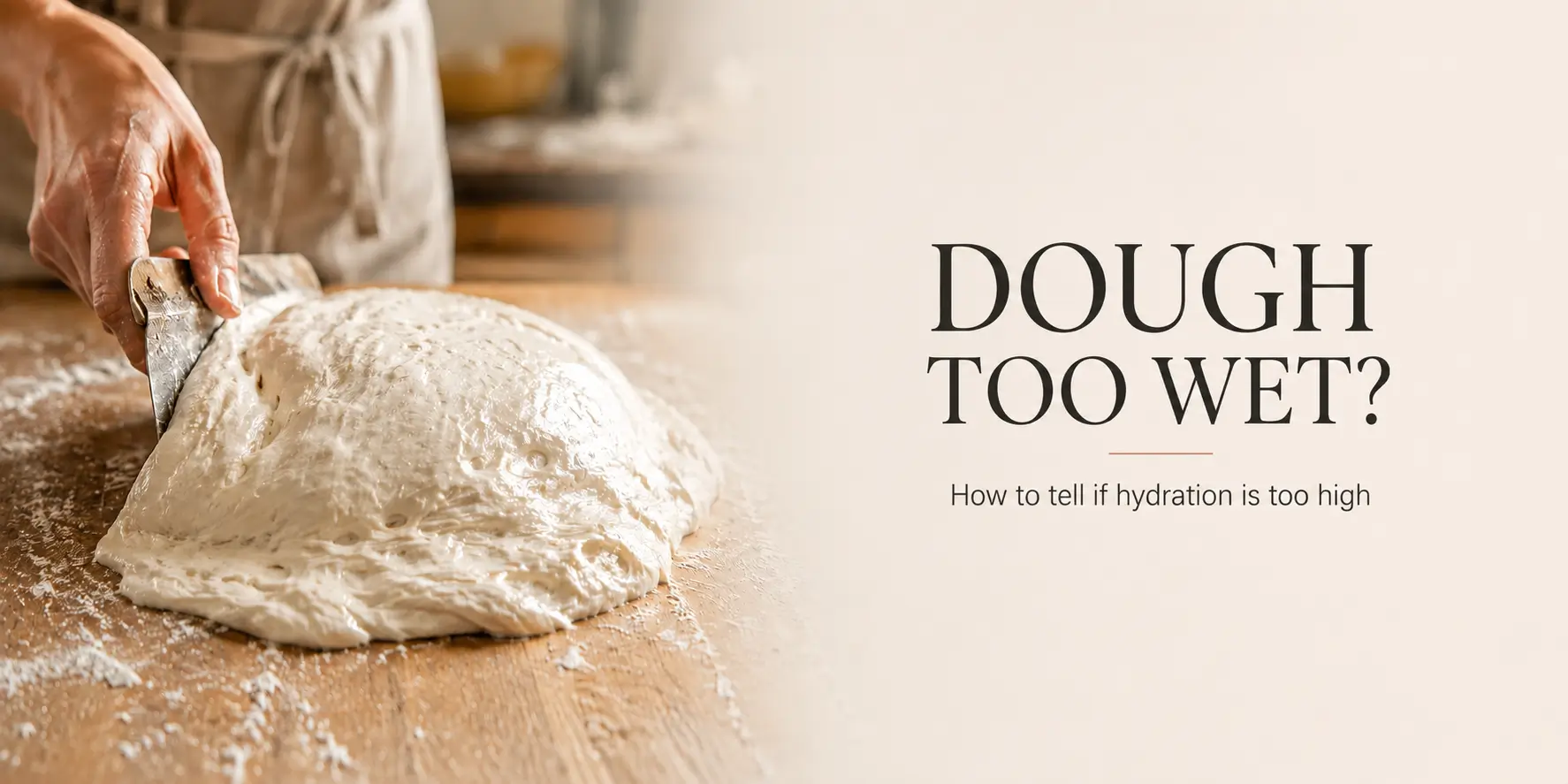 overhydrated bread dough spreading across a floured wooden surface during shaping, showing signs of dough hydration that is too high, with a baker using a bench scraper to control the slack sticky dough.