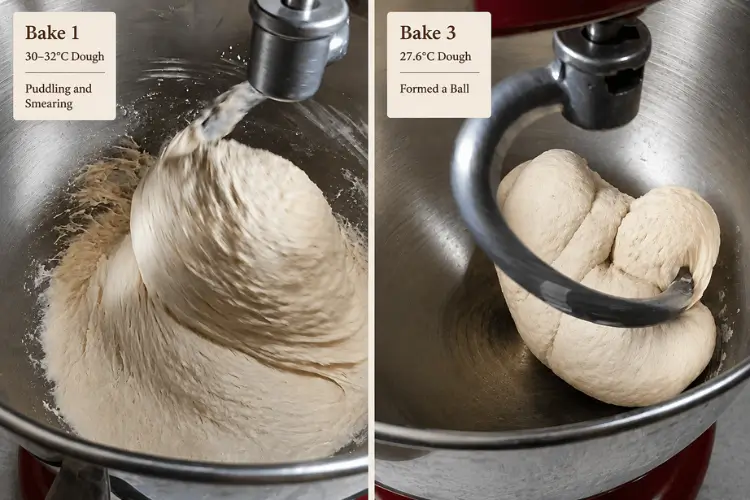 Comparison of dough mixed at different temperatures. A 30–32°C dough puddles and smears in the mixer bowl, while a 27.6°C dough forms a ball around the dough hook, showing improved dough behavior at lower temperatures.