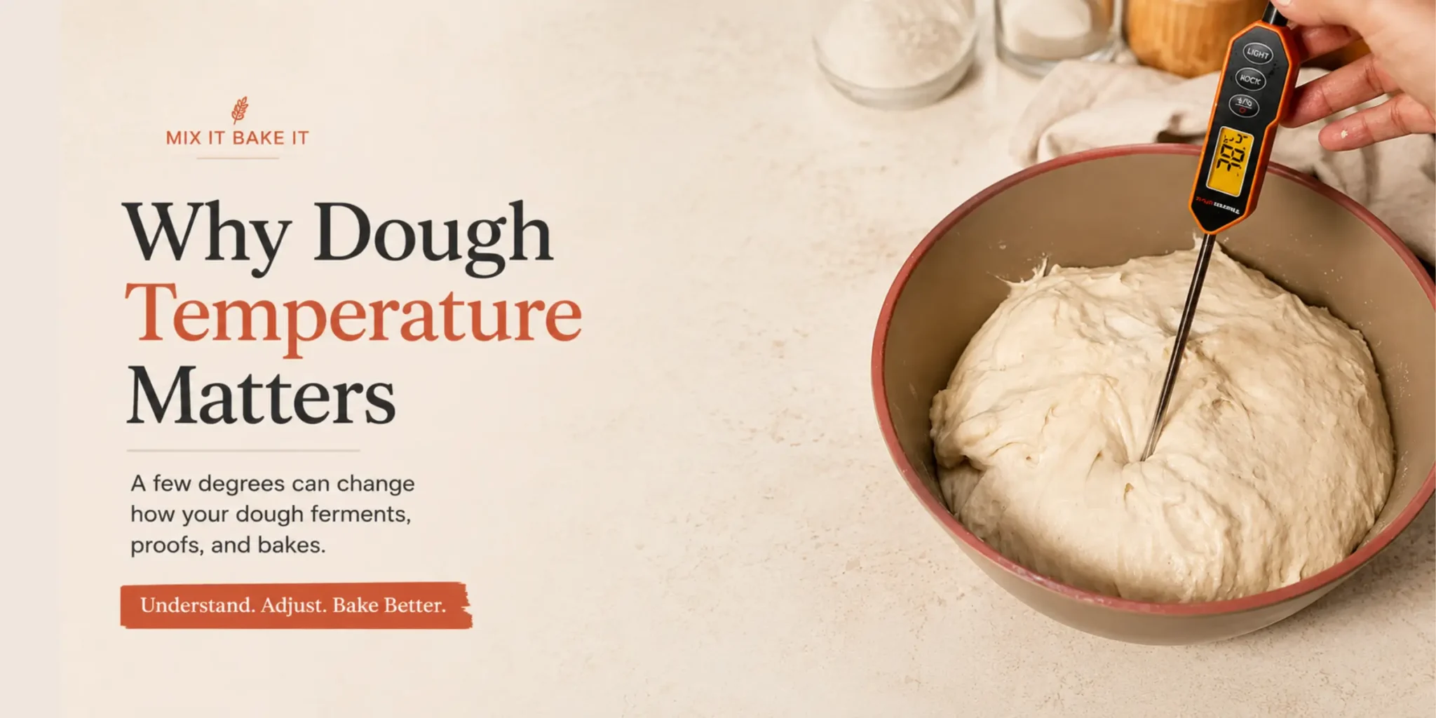 Bread dough being checked with an instant-read thermometer to measure dough temperature during fermentation.