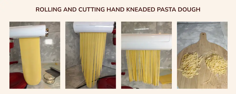 Hand-kneaded pasta dough rolled into a thin sheet, cut into spaghetti and fettuccine using an Antree pasta roller and cutters, with the finished noodles displayed on a wooden board.