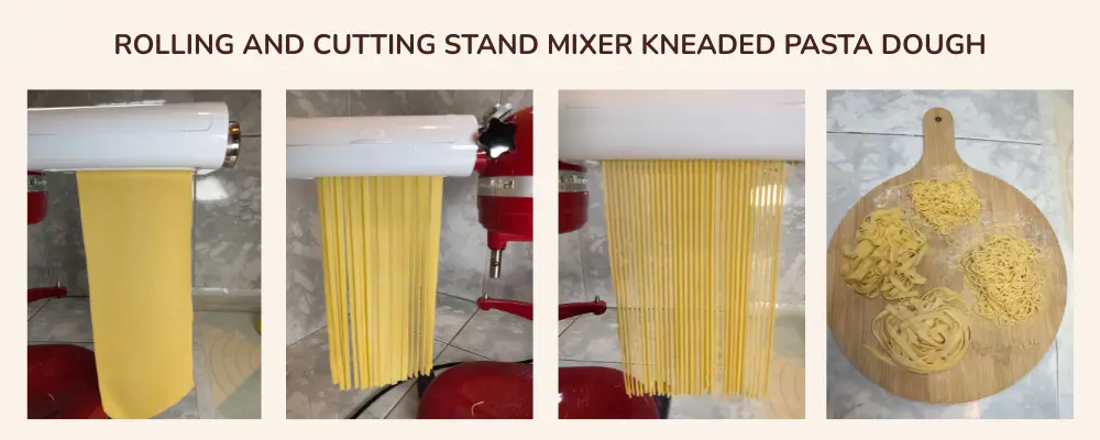 Stand mixer-kneaded pasta dough rolled into a thin sheet, cut into spaghetti and fettuccine using an Antree pasta roller and cutters, with the finished noodles displayed on a wooden board.
