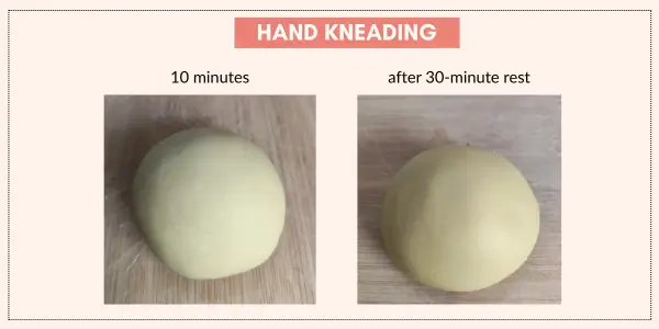Comparison of hand-kneaded pasta dough after 10 minutes of kneading and after a 30-minute rest, showing a smoother, shinier surface and a more defined ball after resting.