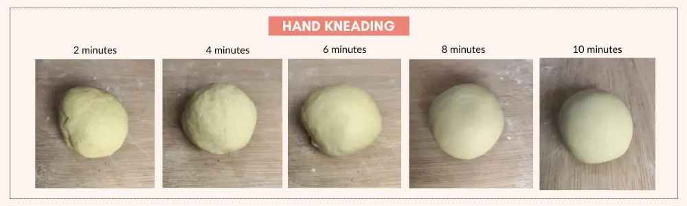 Progression of hand-kneaded pasta dough after 2, 4, 6, 8, and 10 minutes of kneading, showing the dough becoming smoother and more cohesive over time.