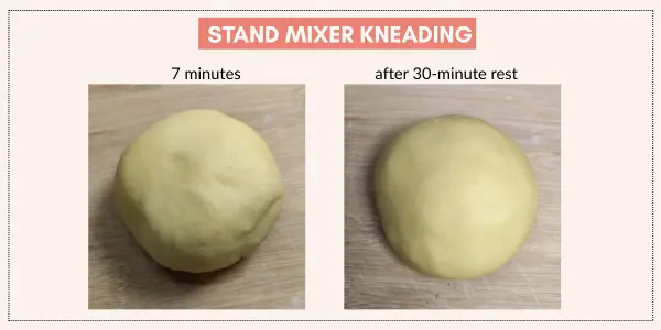 Comparison of stand mixer-kneaded pasta dough after 7 minutes of kneading and after a 30-minute rest, showing a smoother, shinier surface and a more defined ball after resting.