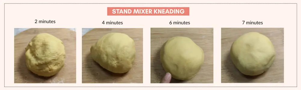 Progression of stand mixer pasta dough after 2, 4, 6, and 7 minutes of kneading, showing the dough becoming smoother and more cohesive over time.